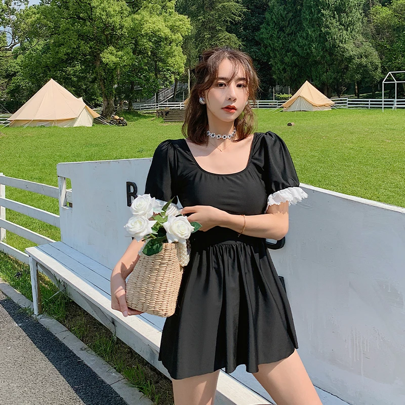 

Solid Swimwear Women One Piece Bathsuit Summer Short Sleeve Swimsuit Swim Dress Push Up Beachwear Boyshort Female Monokini