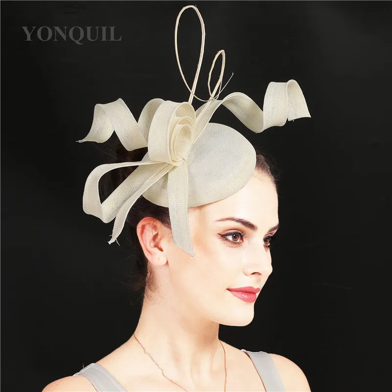 Слоновая кость Champagne imitation sinamay fascinator ladies wedding hats royal floral with feathers headwear hair clips occasion church event - Цвет: Слоновая кость