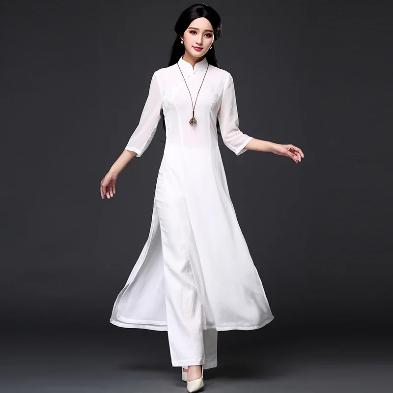 color5 Вьетнамское традиционное китайское платье Ципао, китайское платье Ципао, платья Ципао, хлопковое белье, халат Chinoise Aodai, костюм из 2 предметов - Цвет: color5