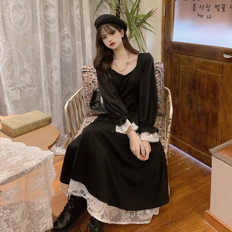 

One Piece Korean Dress Women 2021 Spring New Sweet Cute Girls Hepburn Style Loose Lace Stitching Dress Female Solid Midi Dresses