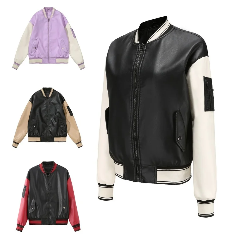 

WEPBEL Women Fashion Contrast Sleeve PU Leather Coat Ladies Casual Sport Baseball Hoodie Zipper Jacket Outerwear