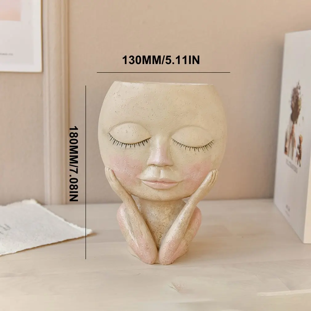 

Face Portrait Flower Pot Head Planter Pot Closed Eyes Shape Succulent Planter Cute Resin Planter Vase With Drainage Hole