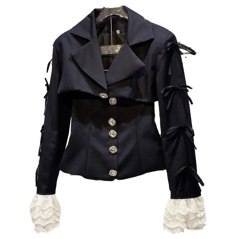 

2021 Spring Women Blazer Slim Lace Up Bandage New Water Drill Button Bra BOW LACE Sleeve Suit Coat Two Piece Set