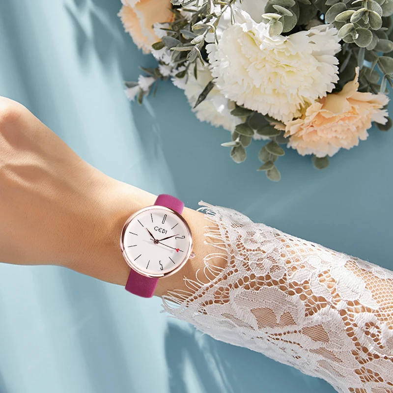 GEDI Лидирующий бренд женские часы кожаные кварцевые простые тонкие Повседневные