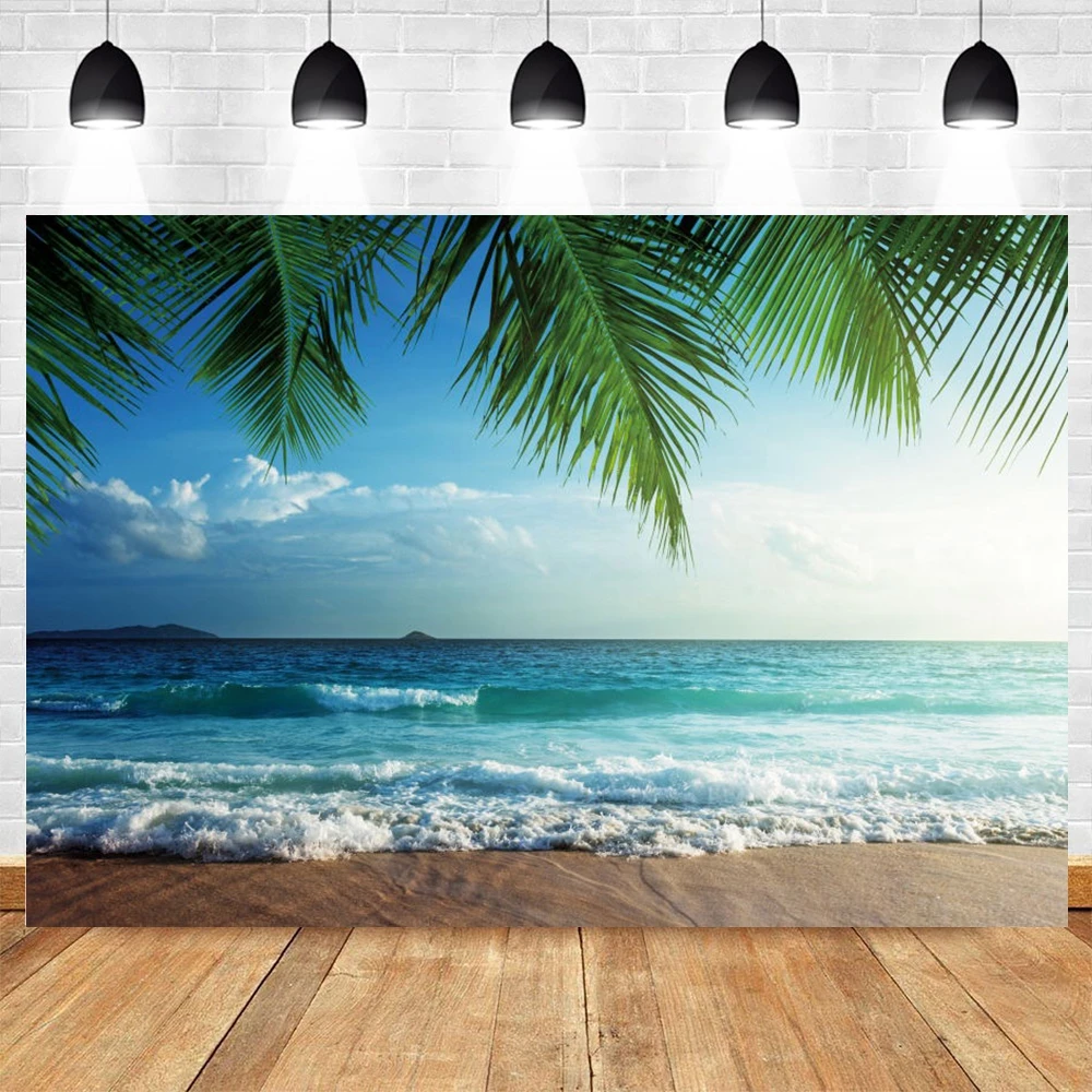 

Summer Tropical Beach Photography Background Seaside Sea Tree Backdrop Hawaiian Sea Blue Sky Kid Adult Portrait Photo Studio