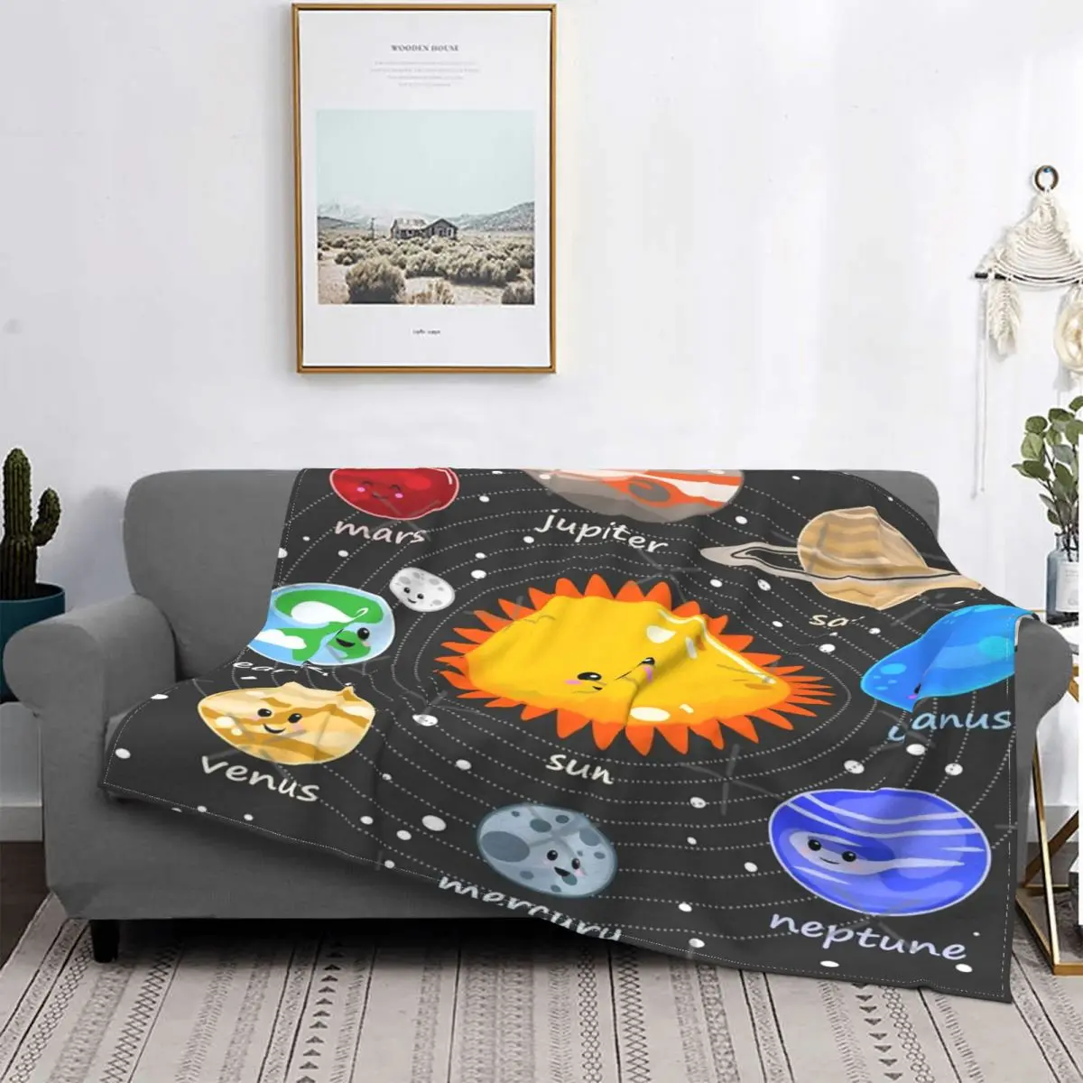 

Manta de estilo Kawaii feliz del Sistema Solar, colcha a cuadros para cama, manta térmica de Anime