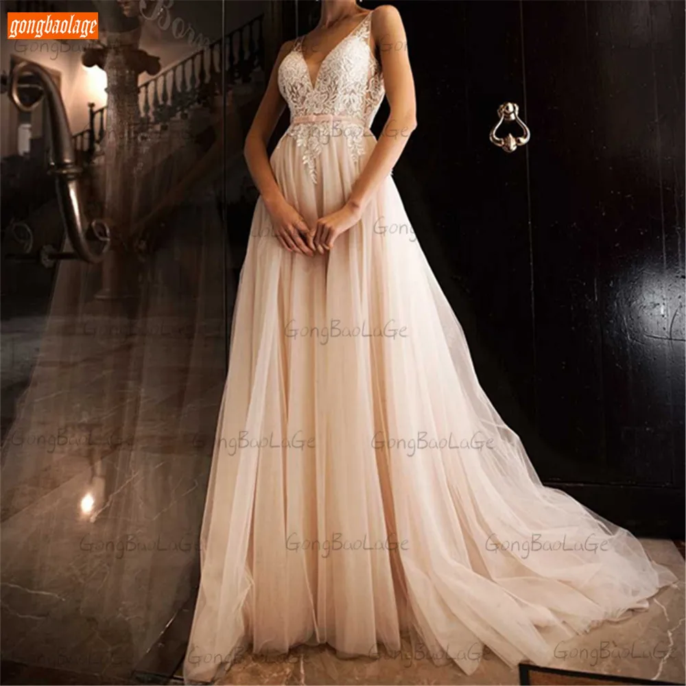 Купи Luxurious Champagne wedding gown 2021 Boho vestido de noiva Custom Made abito da sposa V Neck Pink Tulle A-LINE Bridal Dresses за 5,252 рублей в магазине AliExpress