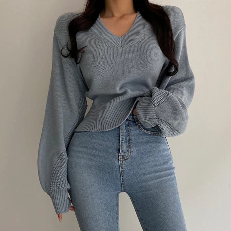 

Women Winter Elegant V Neck Hollow-out Sweater Top Loose Lantern Sleeve Knitted Coat Slim Solid Fashion Office Lady Outwear Coat