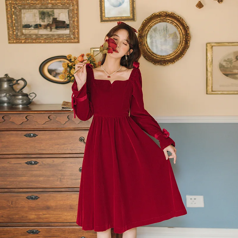 #3972 красное бархатное платье для женщин с квадратным воротником Vestido