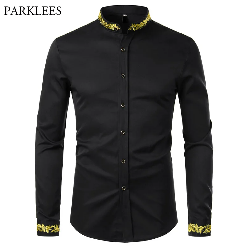 Black Gold Embroidery Shirt Men 2022 Spring New Mens Dress Shirts Stand Collar Button Up Shirts Chemise Homme Camisa Masculina