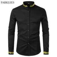 black gold embroidery shirt men 2020 spring new mens dress shirts stand collar button up shirts chemise homme camisa masculina