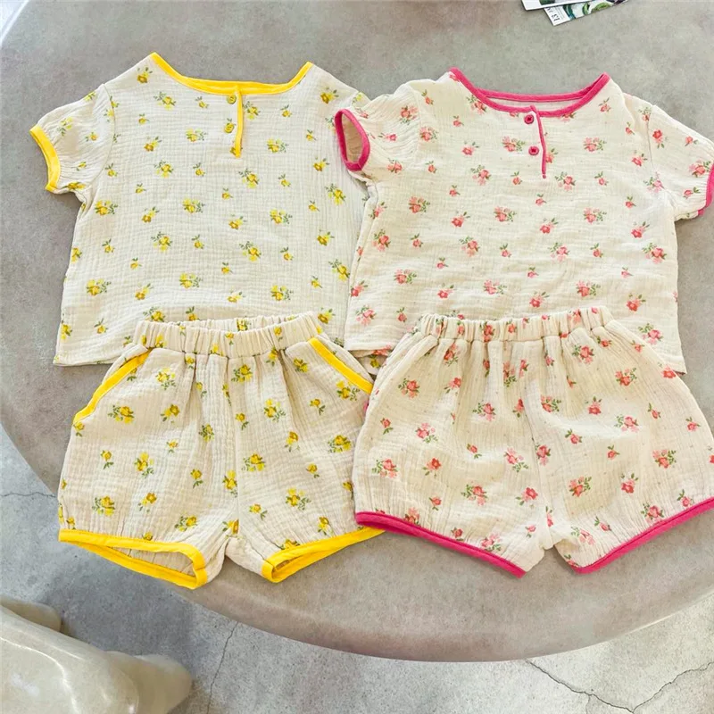 

Summer New Pajamas Clothes Set Toddler Girl Cotton Sweet Floral Printed Short Sleeve Tops + Comfortable Breathable Shorts 2pcs