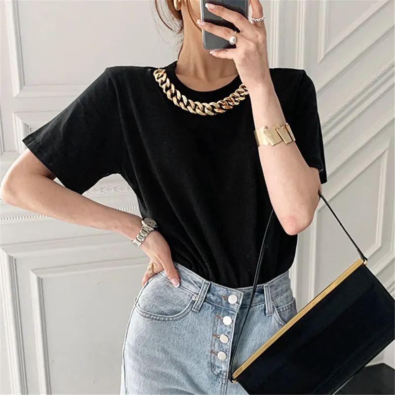 

2021 Hot Sale Chain Summer Loose High Waist Cotton Solid Brief Chic Short Sleeves Tops All Match Stylish Femme T-Shirts