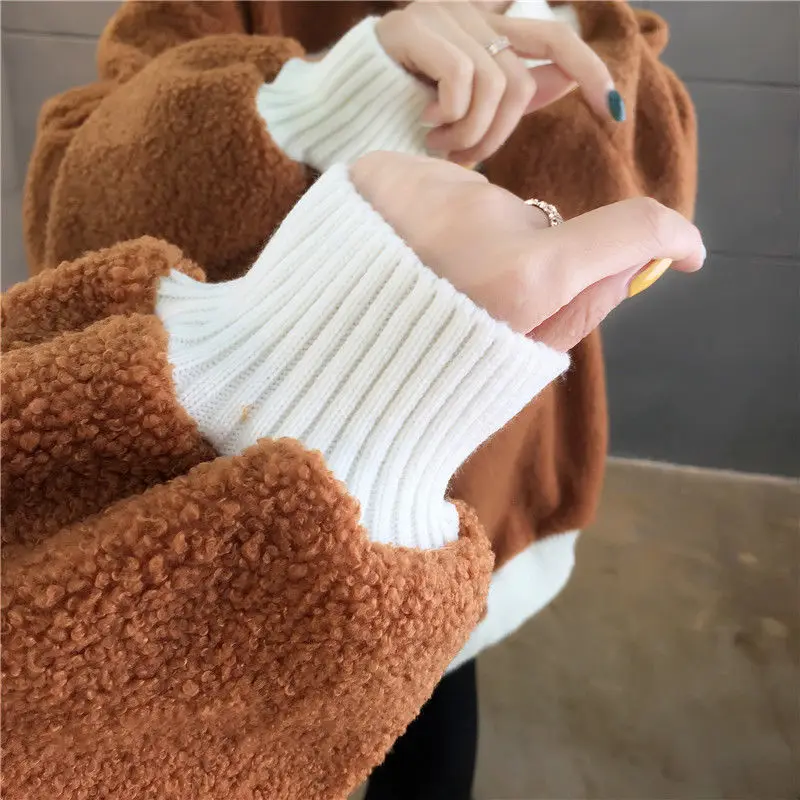 

Latest Korean Version Thickened High Collar Cashmere Coat for Female Loose Fitting Students Wool Splicing Cashmere Coat Fashion