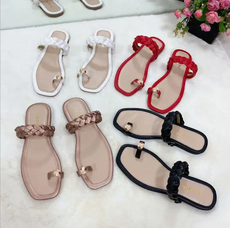 

Spring/summer 2021 new woven flip flops cross strap flat non-slip beach sandals home ms candy color slippers