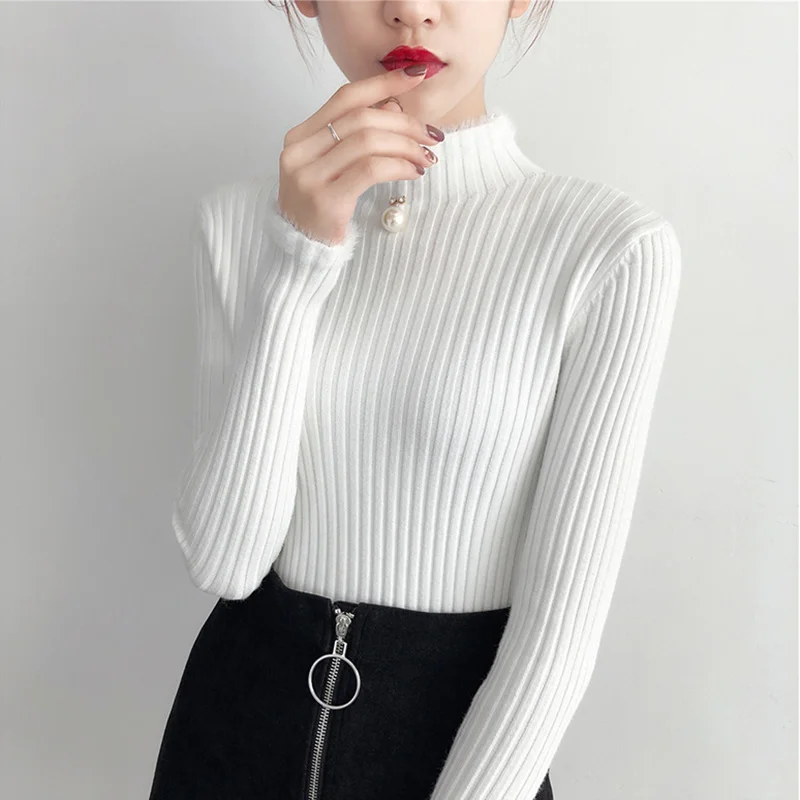 

Эластичные женские свитера, пуловеры с высоким воротником, мягкая Базовая рубашка, облегающий плотный свитер с длинным рукавом, Осень-зима, ...