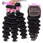 Upretty 5x5 кружевная застежка с пучками, бразильские Свободные глубокие волнипряди с застежкой, человеческие волосы для наращивания, 3 пряди с застежкой