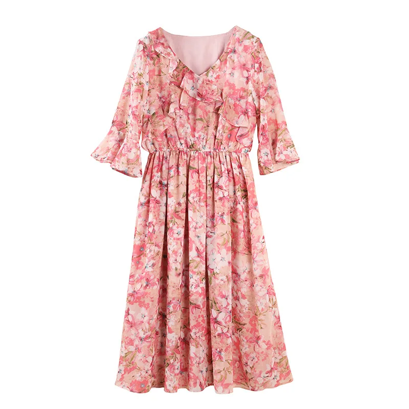 

Short sleeve floral waist slim dress summer women 2021 new temperament slim skirt Chiffon fashion