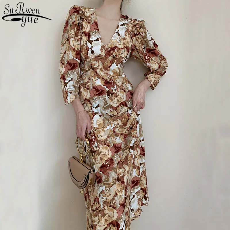 

Fashion Early Autumn Winter Vintage High Waist Three Quarter Sleeve Women Dress Ink Painting Sexy V Collar Dress Woman 12152