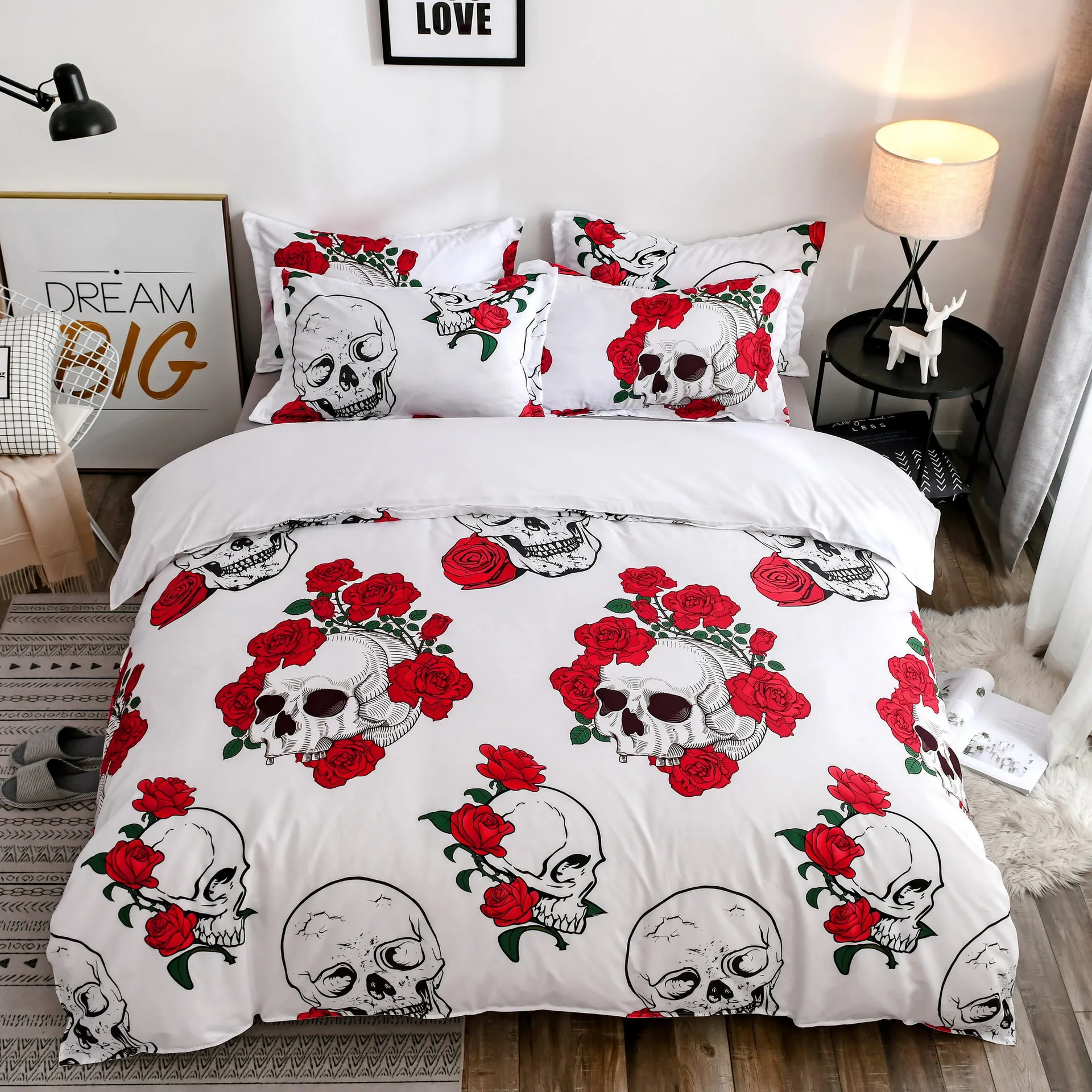 

3D White Flowers Skull Bedding Sets 2/3pcs Queen King Size Duvet Cover Sugar Skull Quilt Cover Pillowcases Home Textiles
