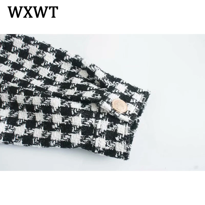 

WXWT Fashion Women New Houndstooth Woolen Weave Coat Temperament Loose Turn-down Collar Long Sleeve Lady Outerwea Tops ST9696