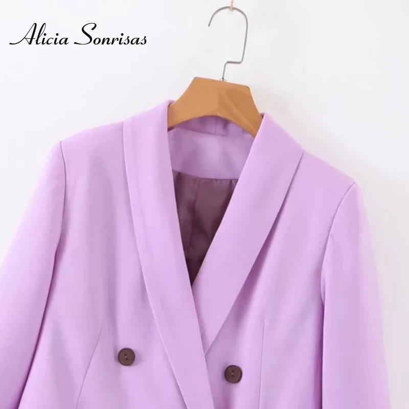

2021 Spring Autumn Purple Blazer Women's Double-Breasted Solid Color Blazer OL Female Noble Coat