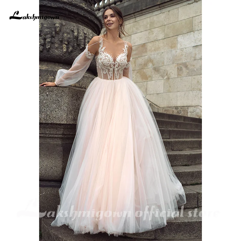 

Sexy Boho Pink Wedding Dresses Long Sleeves Buttons Back Lace Appliques Court Train Vestido De Noiva Bridal Wedding Gowns Custom