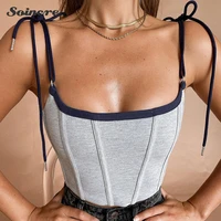 2021 summer womens tops fashion new products lace up waist trendy lace up vest slim waist solid color one piece neck camisole