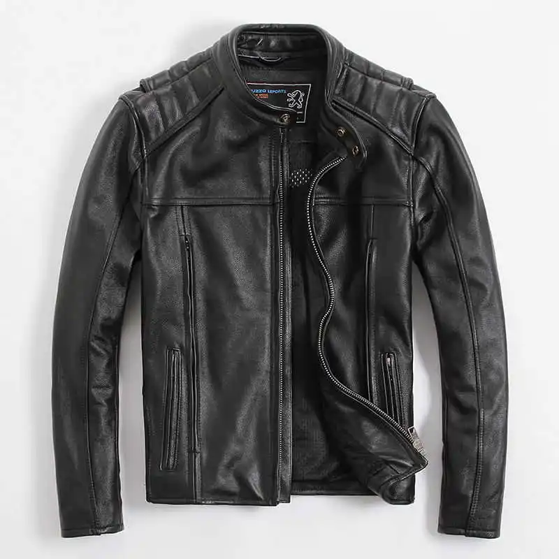 

Men's slim fit motorcycle leather jacket black cow leather biker jacket for men stand collar moto bike coat for male black