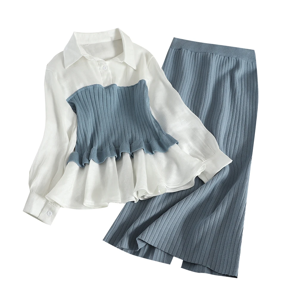

2021 Spring Fashion Two Piece Set Women Blouse Patchwork Pullover Knitwear And Split Slim Knit Mid Skirt Women Elegant Suits