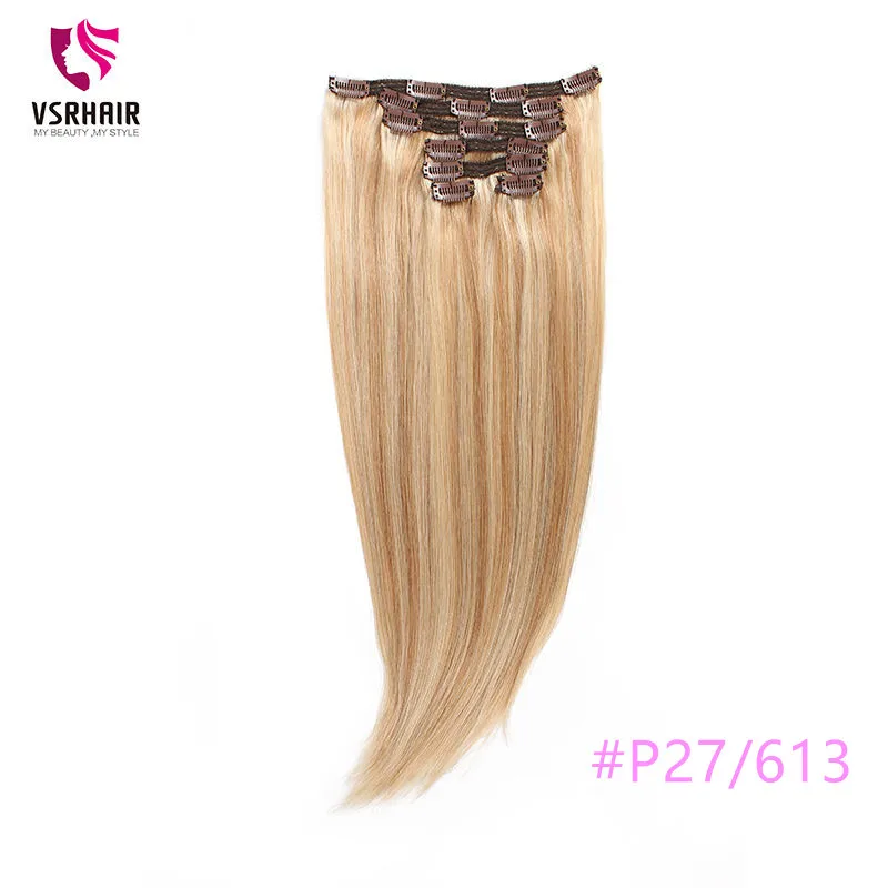 VSR 120g 150g двойной вытяжки с плотного шелка машина Волосы remy натуральные волосы на заколках, 7 шт./компл. 8 шт./компл. Реми человеческие волосы на заколках для наращивания, волосы для наращивания - Цвет: # P27/613