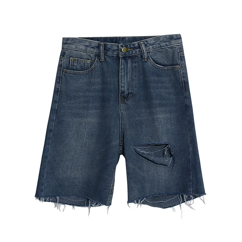 

Cropped Pants Summer Korean Ins Harajuku Style Retro Straight-Leg Pants Loose Men's and Women's Raw Hem Ripped Denim Shorts