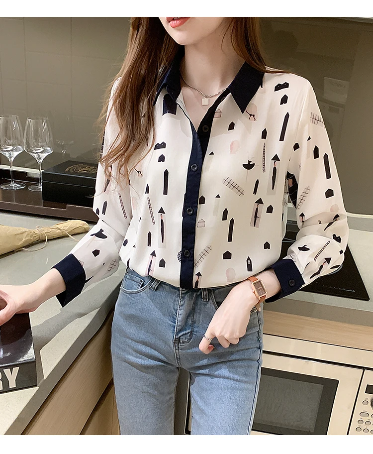 

Houthion Printing Chiffon Women's Blouses Spring Summer Fashion Casual Retro Temperament Long Sleeve Blouse Top Woman Shirt