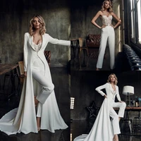 2021 boho wedding jumpsuits lace long jacket with train appliqued sweetheart bridal pants suit custom made beach robe de mariee