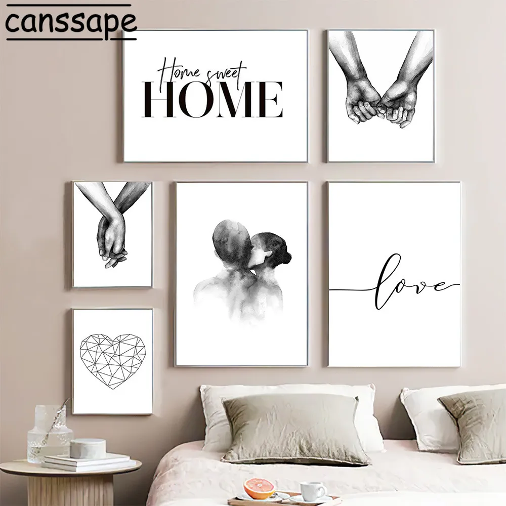 Любовь постер пара держа руки Живопись черный и белый стены искусства холст