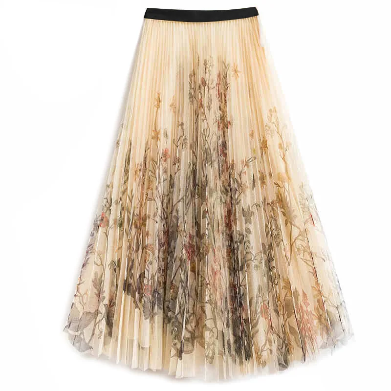 

Gezelligheid Skirts Womens 2021 New Fashion Elegant Mesh Female A-Line Printed French Slim Elastic High-Waist Pleated Midi Skirt