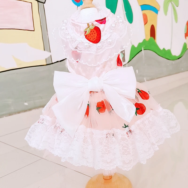 

Pet Dog Autumn Winter Warm Clothing Cute Strawberry Print Lace Bow Dresses For Small Medium Dog Puppy Clothes Handmade Overalls