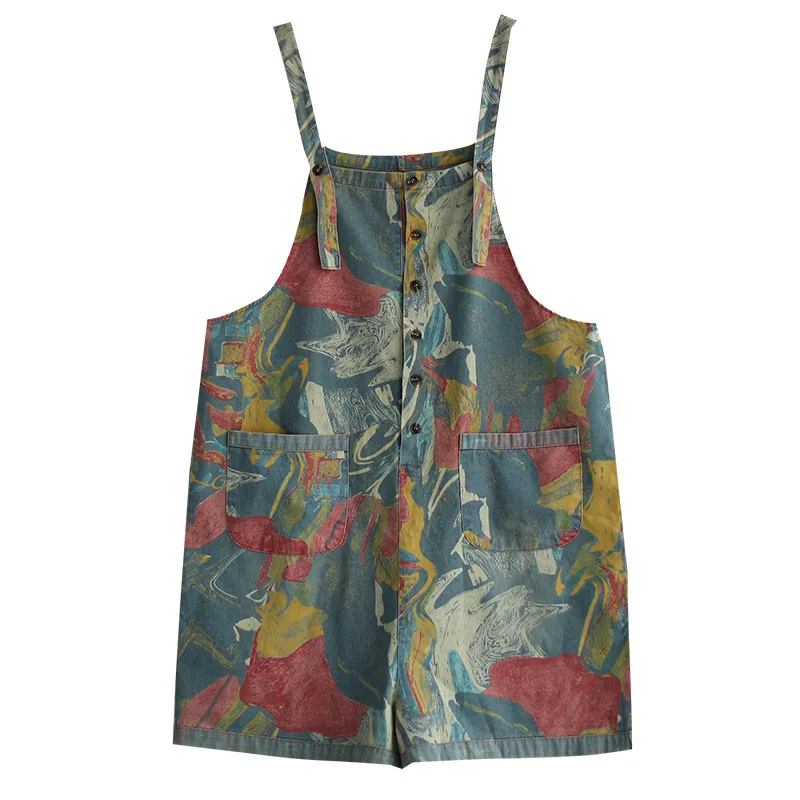 

2115 Women Summer Fashion High Waist Vintage Chic Print Large Pocket Streetwear Hip Hop Loose Casual Half-Length Denim Playsuits