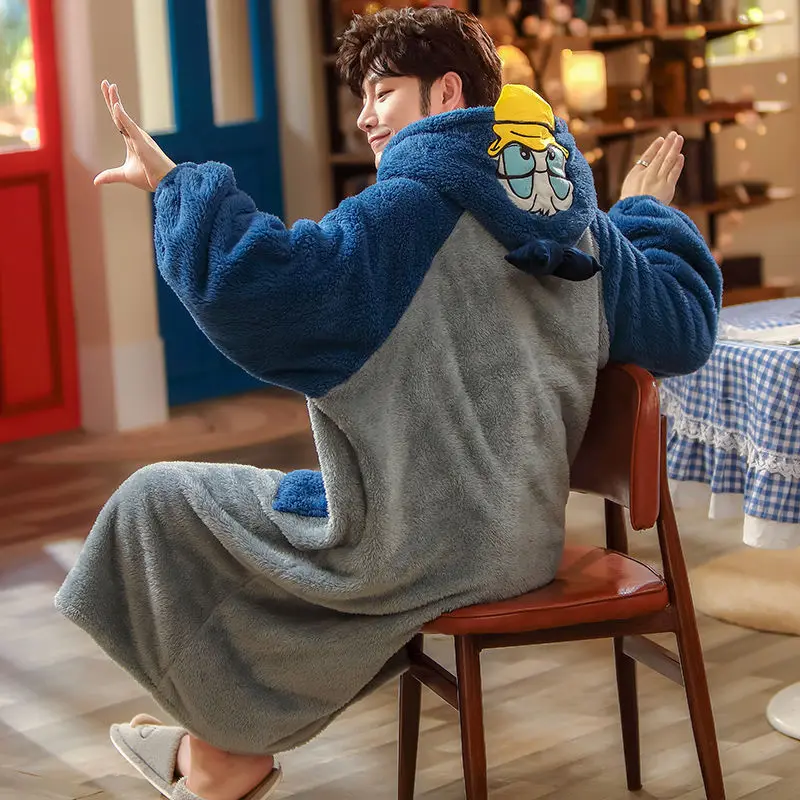 SOUGEN Pajamas for Men Bow Hooded Sleepwear Blue Coral Fleece Men Home Clothes Winter Lounge Cartoon Duck Pijama Men Thick Robe