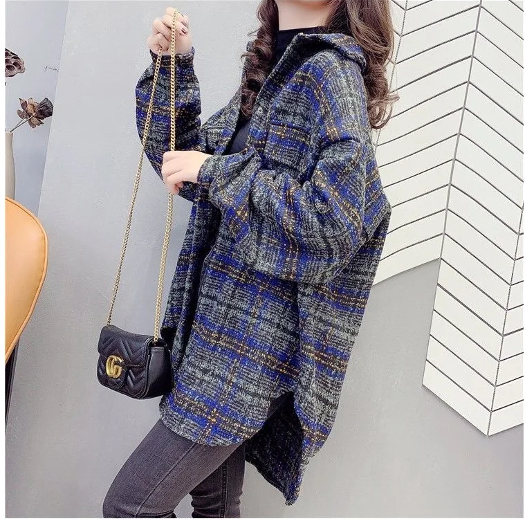 

Новинка 2021, ретро-рубашка в гонконгском стиле ins flavor, новинка, плотное свободное шерстяное пальто с шлифованной поверхностью, клетчатая плюш...