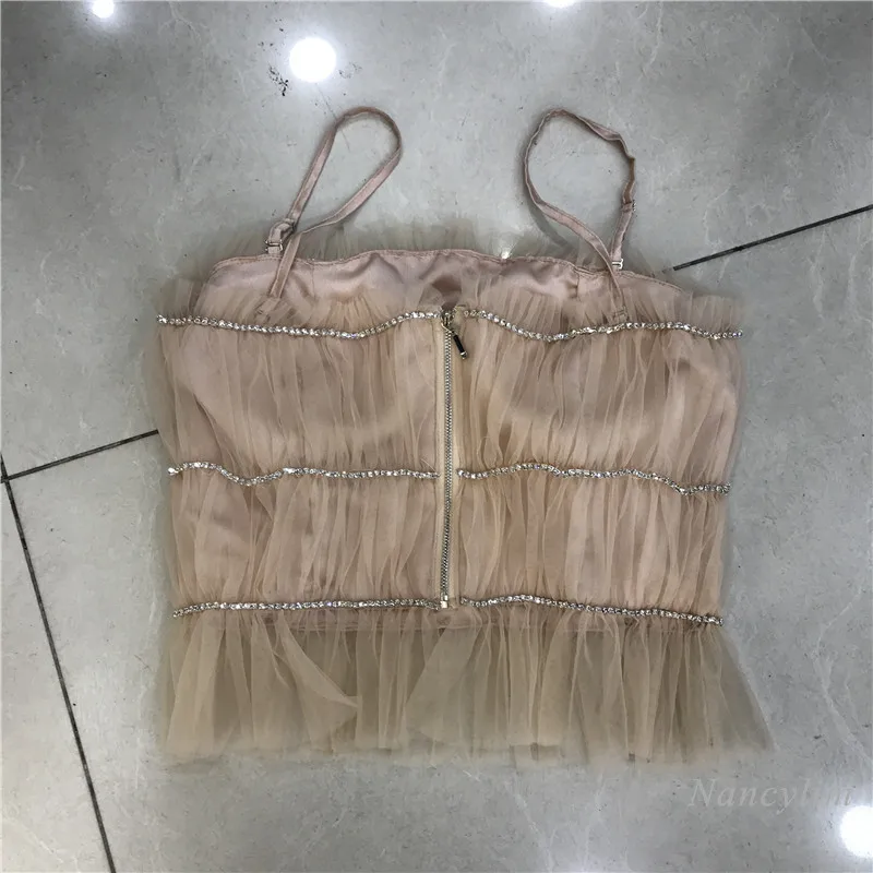 Rhinestone Mesh Camisole Women's Slim Fit Short Pleating Sling Shirt Sexy Crop Top Girls Ladies Blusas Mujer 2021