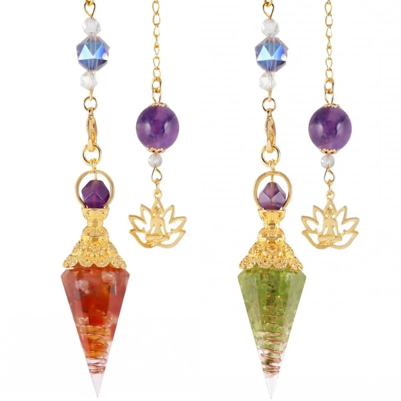

1pcs Natural Chips Stones Pendulum Hexagonal Point Reiki Yoga Pyramid Resin Pendant Gold Color Chain Amulet for Dowsing Pendule