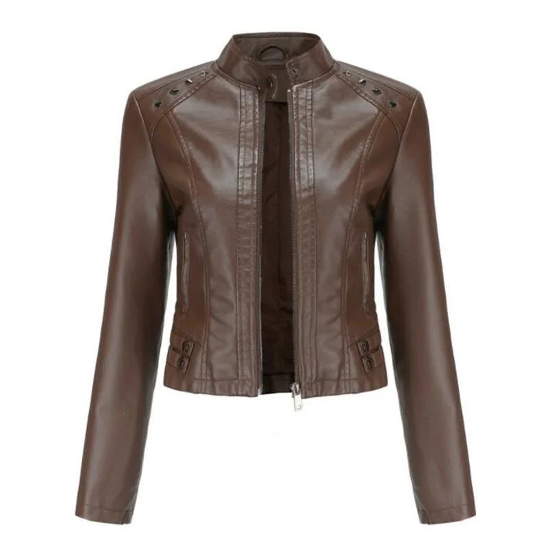 Women's rivet leather jacket short coats spring autumn long-sleeved  thin stand collar fashion new style abrigos mujer invierno
