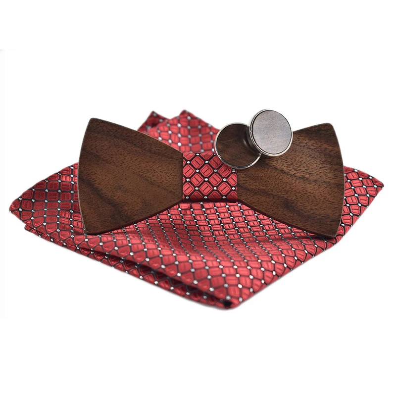 

Fashion Wooden Bowtie Handkerchief Cufflinks Set for Mens Gravata Slim Pocket Towel Cravat Wood Bowtie Cuff Buttons