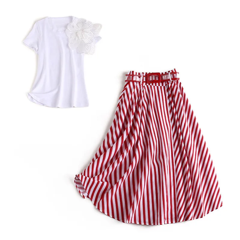 

Summer Tracksuit Woman Two Piece Set Appliques Short Sleeve White T Shirt+Striped Big Hem Red Midi Skirt OL Elegant Fashion Suit