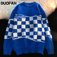 duofan 2021 new style knitwear klein blue round neck lattice loose sweater top trendy warm couple knitwear trend