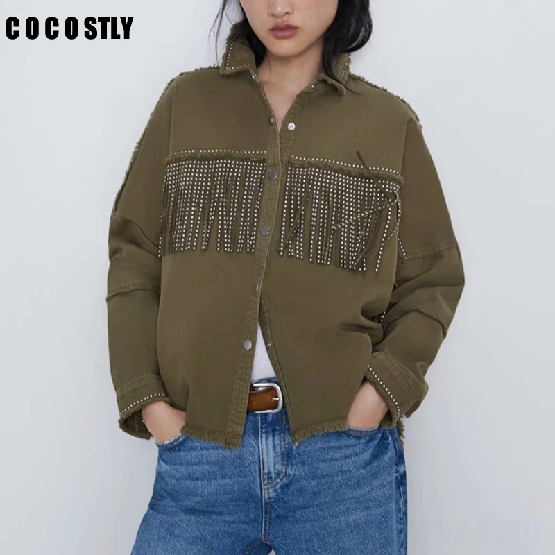 Женская джинсовая куртка с бахромой и бусинами свободная винтажная длинным