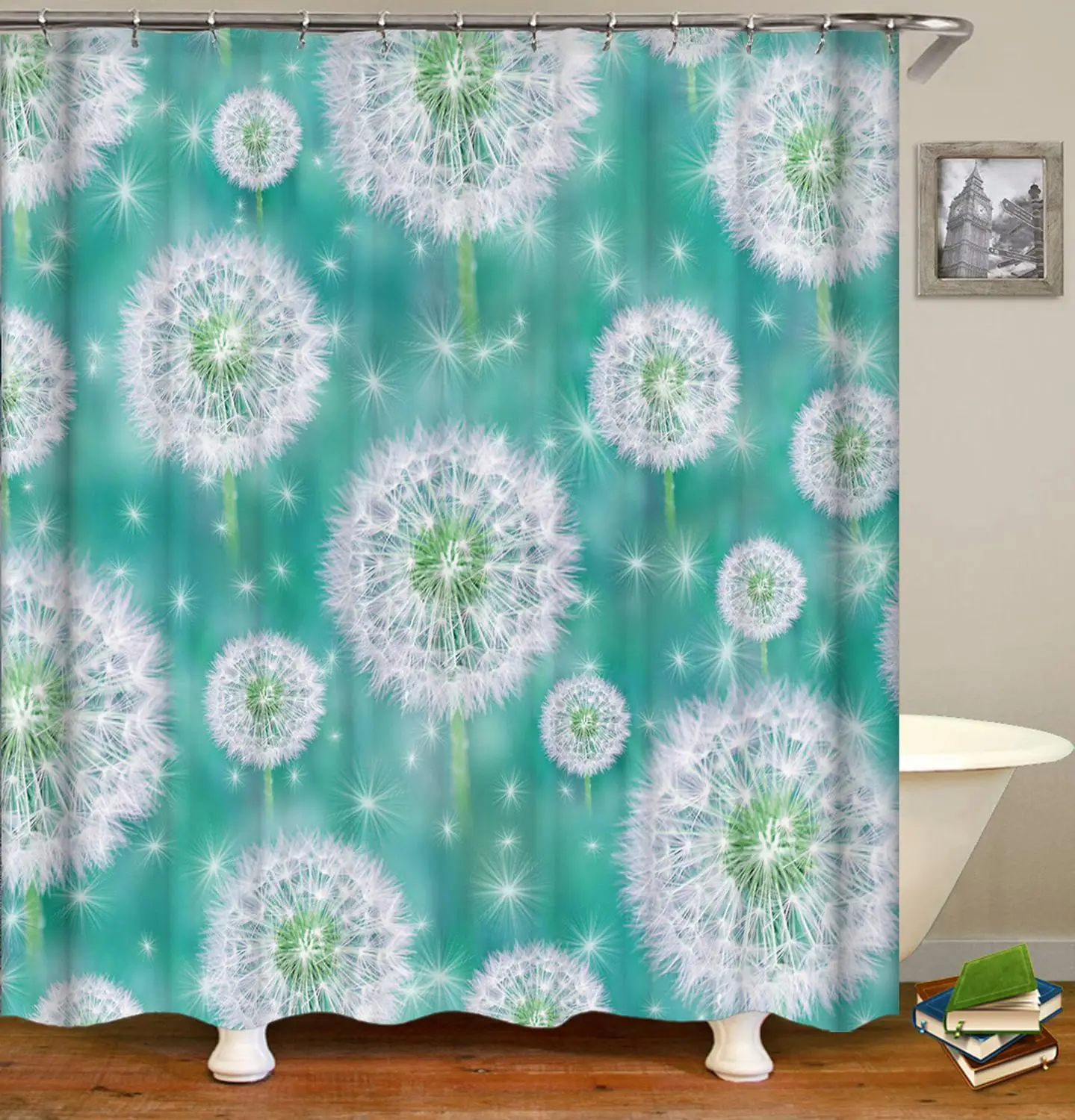 

Shower Curtain, Bathroom Curtains-Dandelion,Garden Flowers,White,Green, Cloth,Decor For Kids,Children