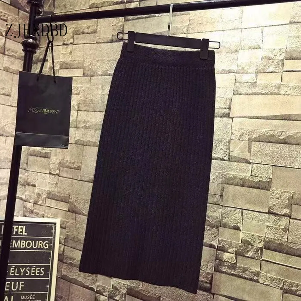 

Free Size Elastic Women Skirts Autumn Winter Warm Knitted Straight Skirt Ribbed Ribbed Mid-Long Skirt Black High Quality Hot