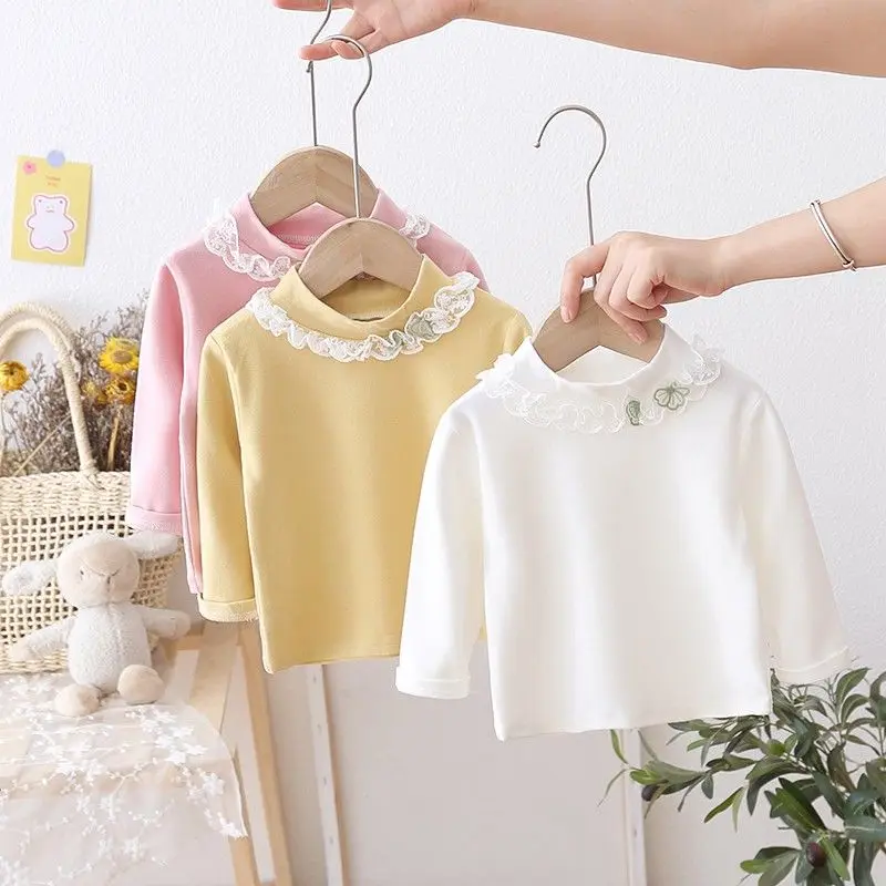 

Cotton Toddler Girl T-shirt Spring Autumn New 2021 Solid Kids Clothes Outwear Tops Lace Collar Bottoming Tees Children Clothing